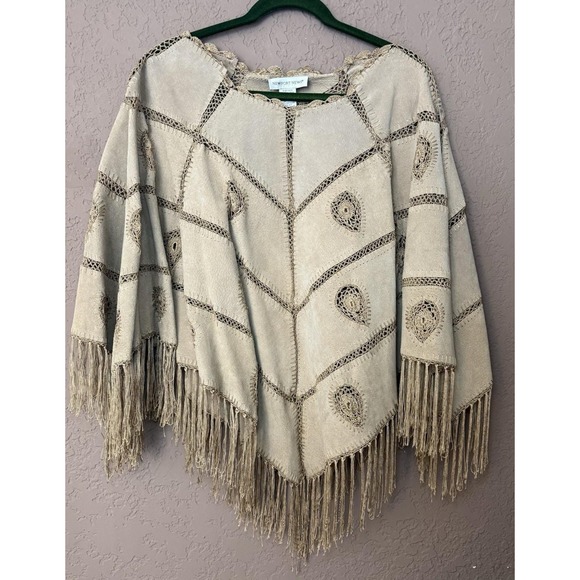 Newport News Jackets & Blazers - VTG 90s Newport News Women NWT‎ Suede Leather Poncho Cape Jacket Crochet Fringe